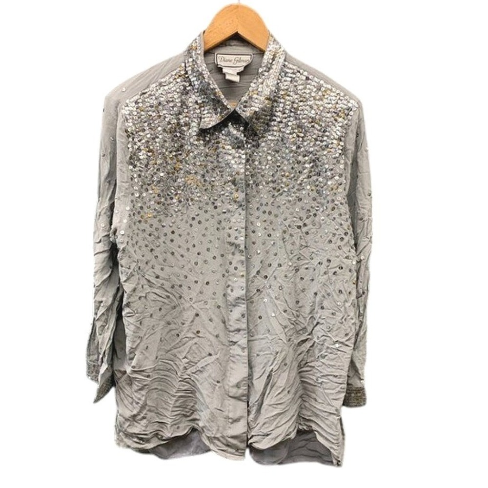 Diane Gilman Silk Blouse Women's 2XL Gray Beaded Sequin Button Up Top